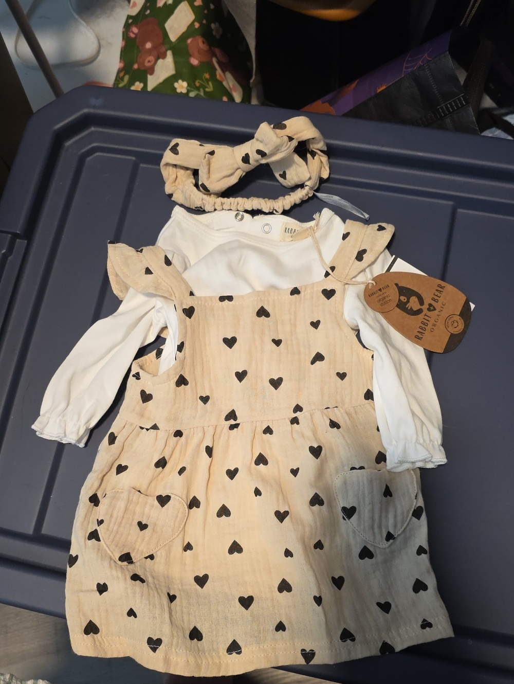 Beige Heart-Print Pinafore Dress with White Top - Kids
